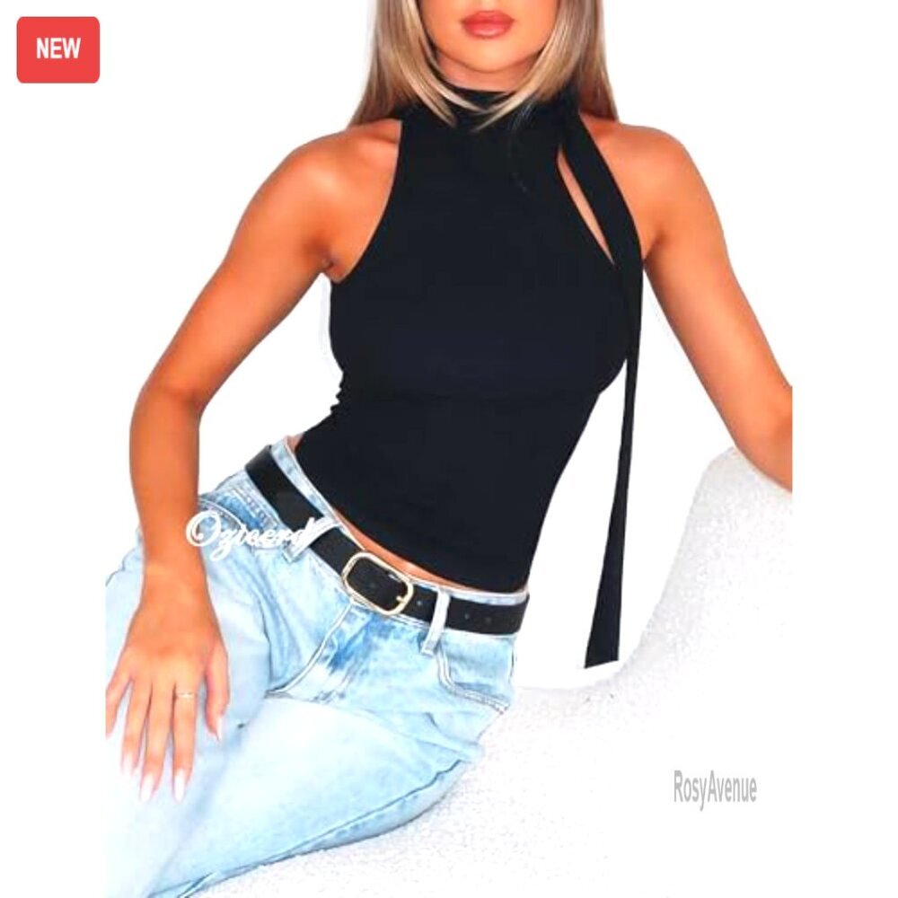 Off Shoulder Halter Mock Neck Sleeveless Crop Tank Top with Scarf - Picture 4 of 7